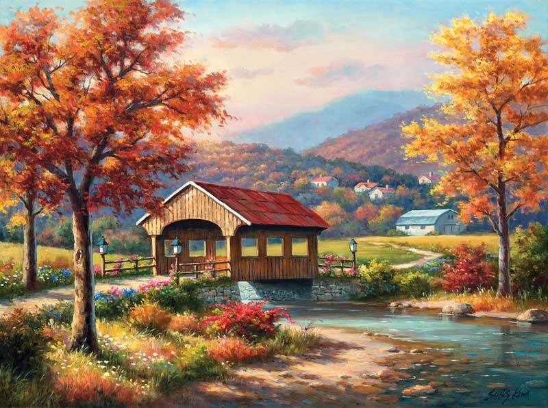 Fall at the Covered Bridge Countryside Jigsaw Puzzle