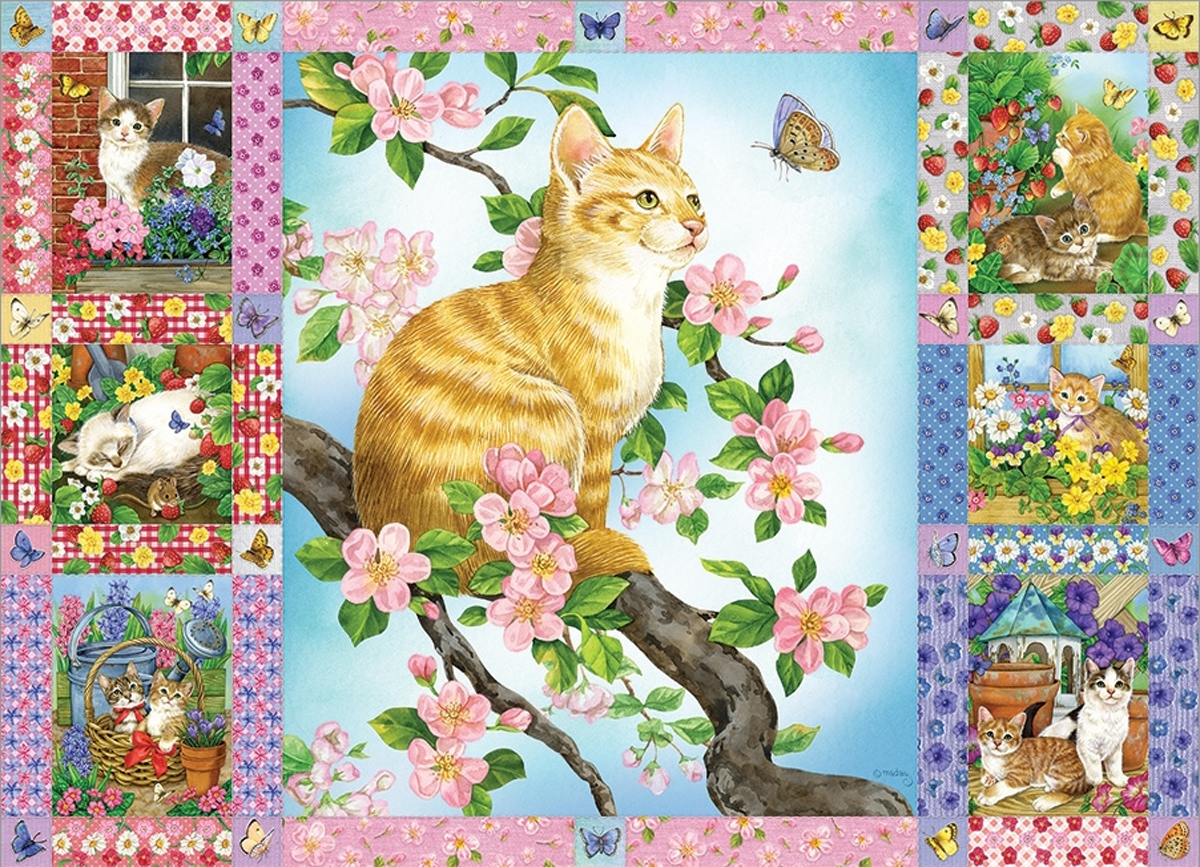 Blossoms and Kittens Quilt Cats Jigsaw Puzzle