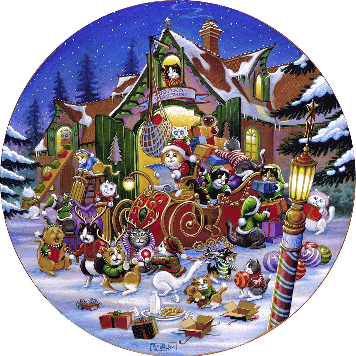 Here comes Santa Paws Cats Round Jigsaw Puzzle