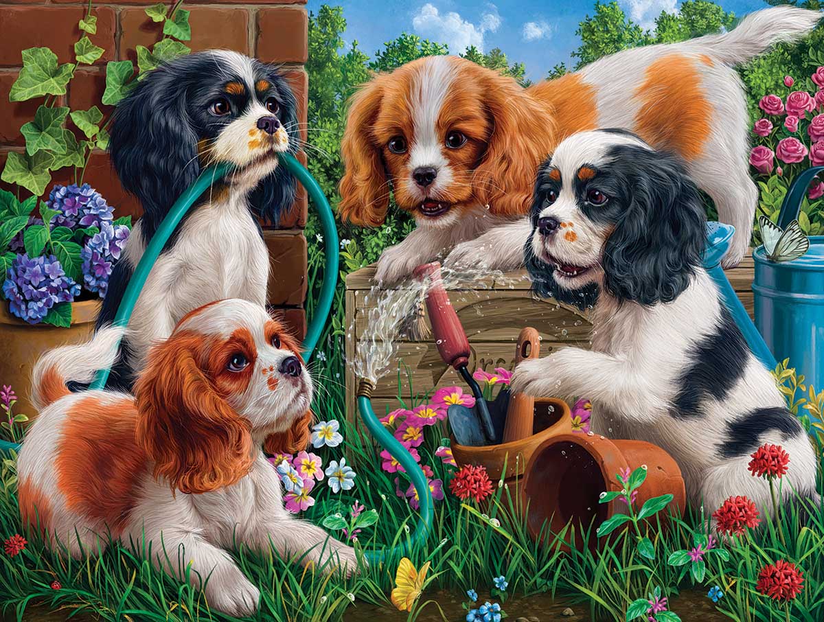 Pups in the Garden Dogs Jigsaw Puzzle