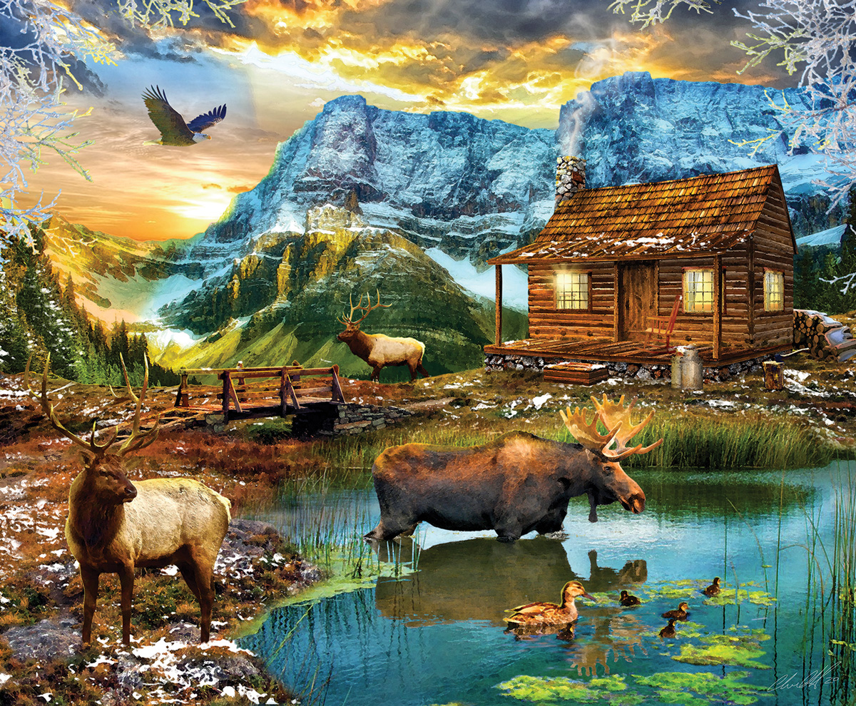 White  Mountain Cabin Forest Animal Jigsaw Puzzle