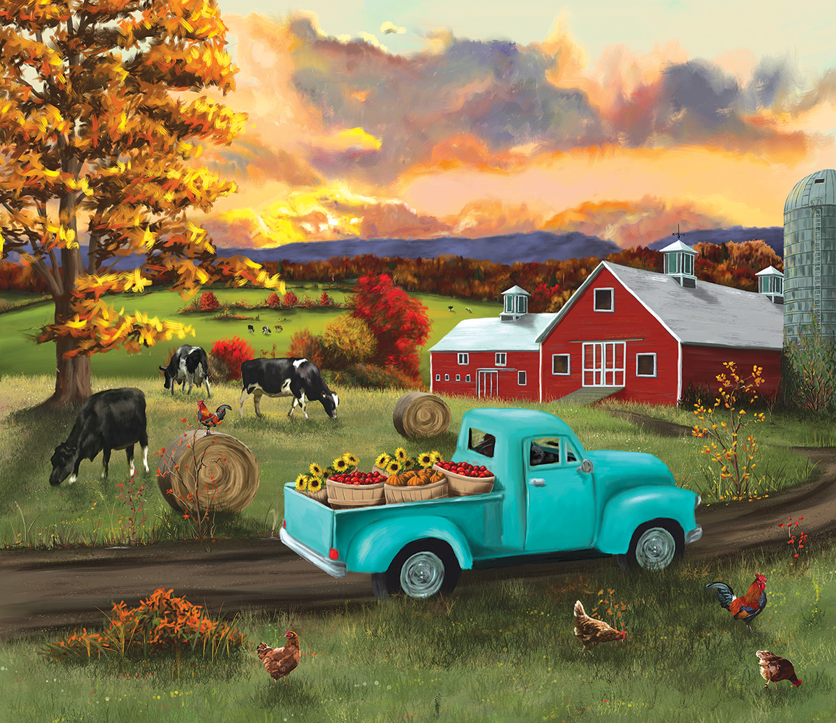 Fall Sunset at the Barn Farm Jigsaw Puzzle
