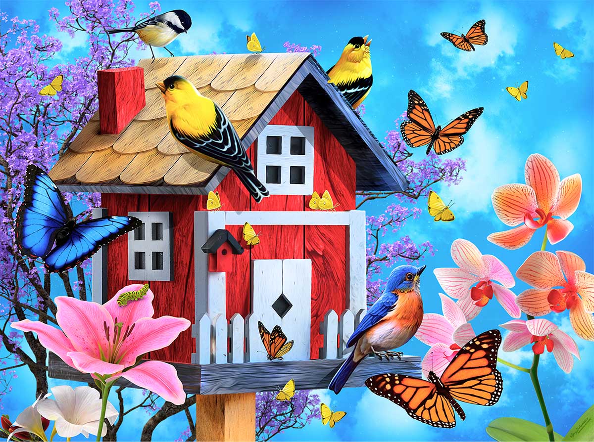 Red Birdhouse Birds Jigsaw Puzzle