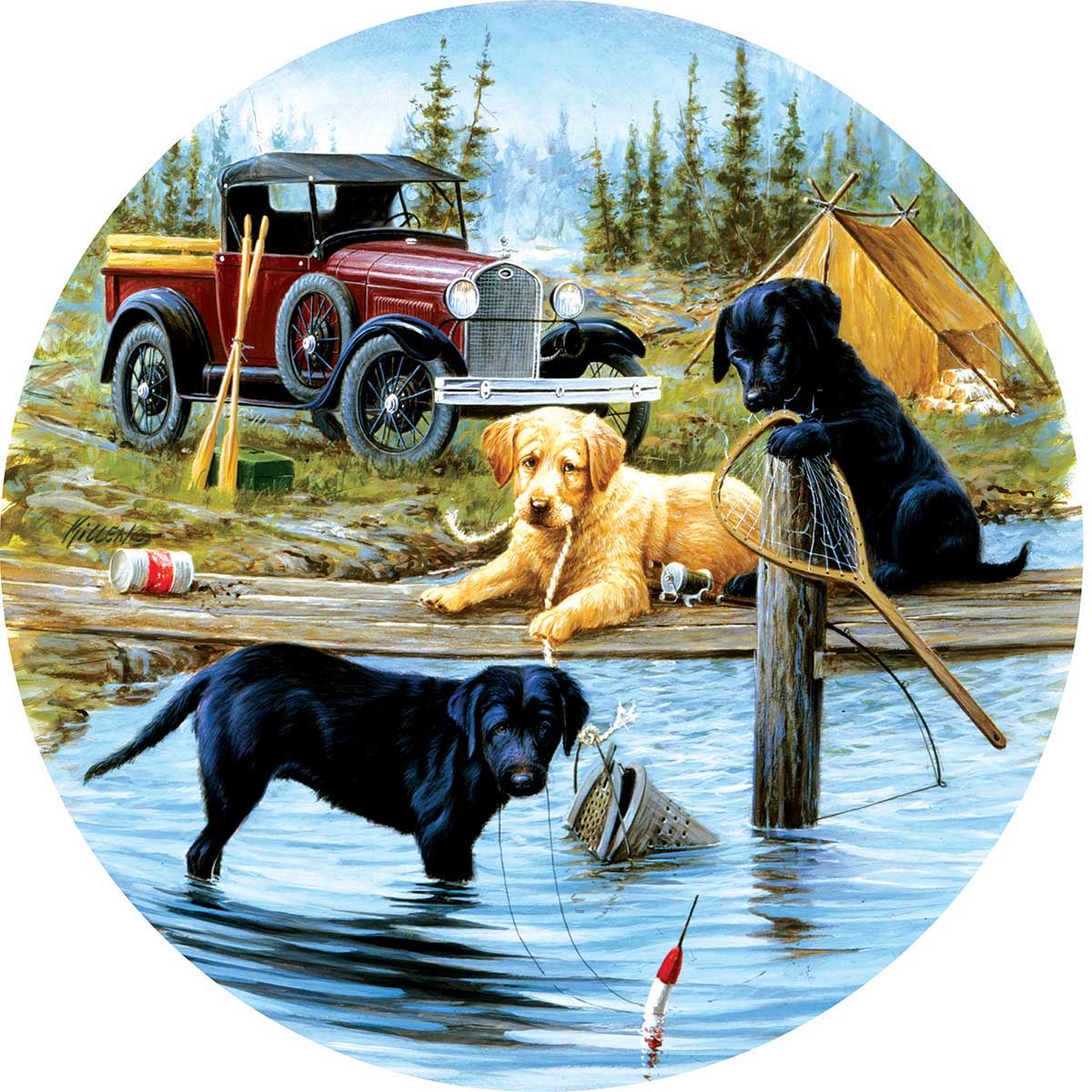Camping Trip Dogs Round Jigsaw Puzzle