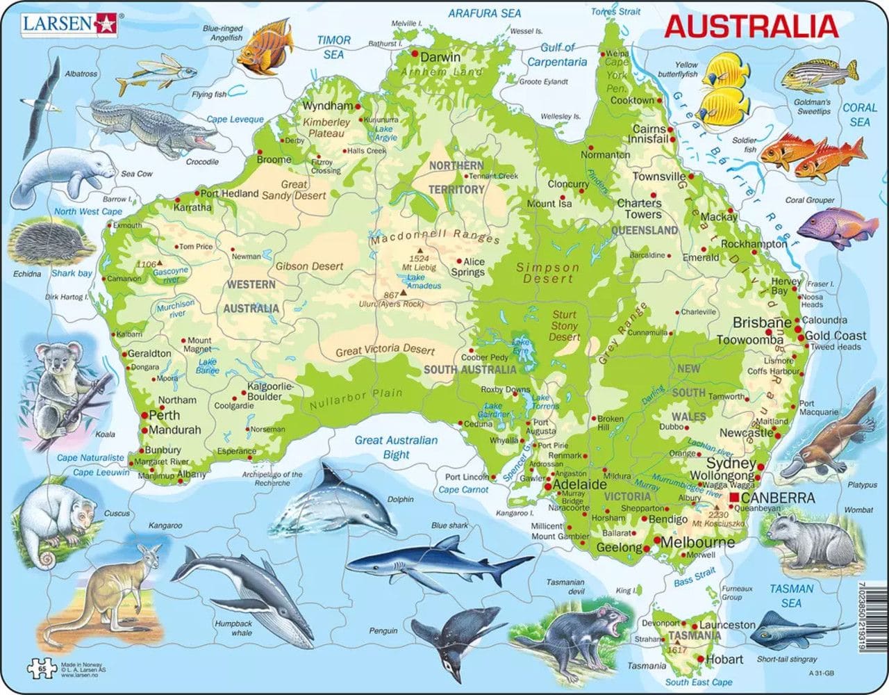 Australia Map with Animals 65 Piece Children's Puzzle