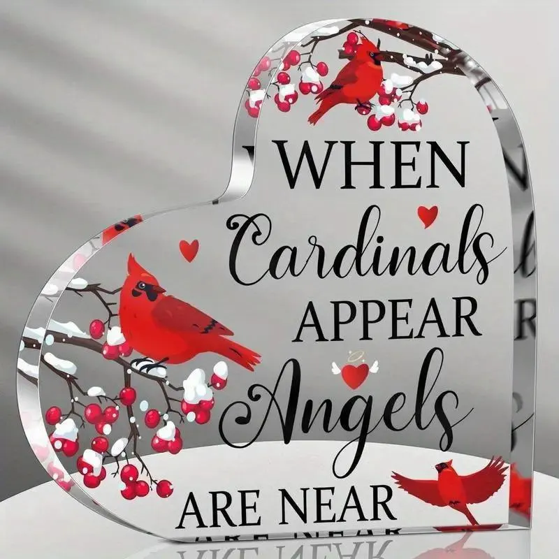 Red Cardinal Memorial Gift with Crystal Acrylic Heart