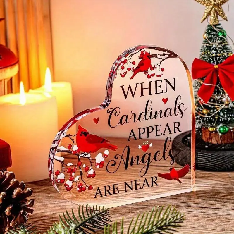 Red Cardinal Memorial Gift with Crystal Acrylic Heart