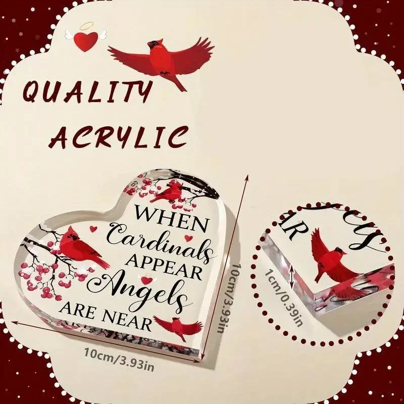 Red Cardinal Memorial Gift with Crystal Acrylic Heart