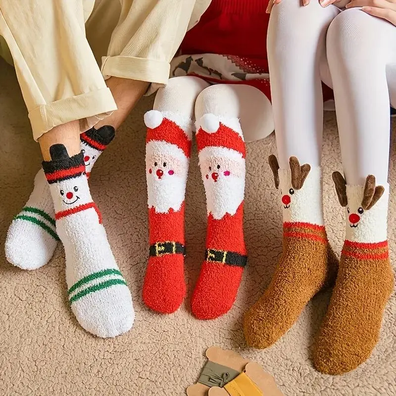 3 Pairs Plush Christmas Socks  - Snowman, Santa & Reindeer