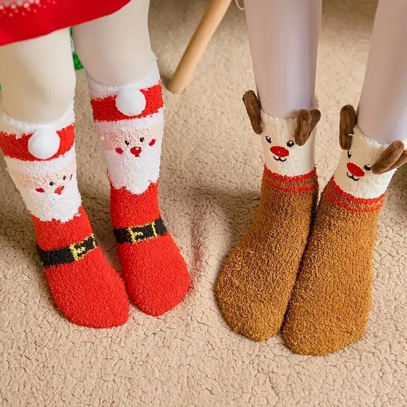 3 Pairs Plush Christmas Socks  - Snowman, Santa & Reindeer