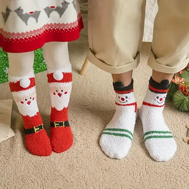 3 Pairs Plush Christmas Socks  - Snowman, Santa & Reindeer