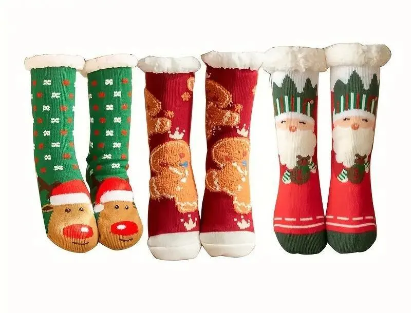 3 Pairs Plush Christmas Socks - Santa and Reindeer