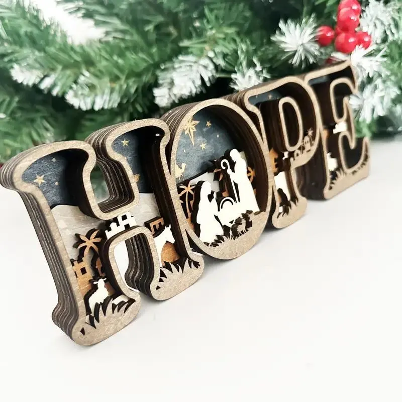3D Carved Wood Scene "HOPE" Letter Decorative Sign