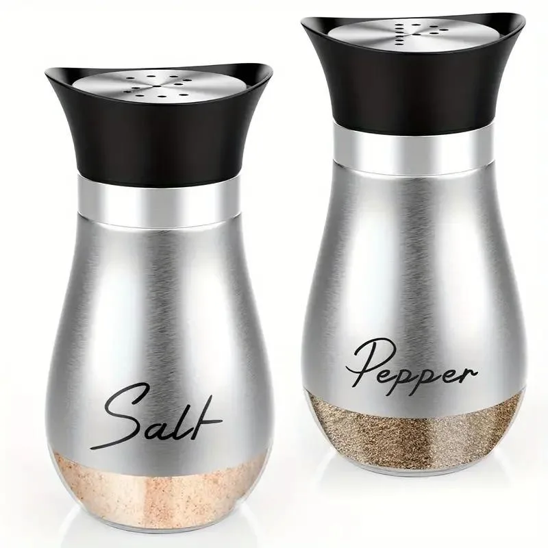 2pcs Glass Bottom Salt and Pepper Shakers with Steel Lids