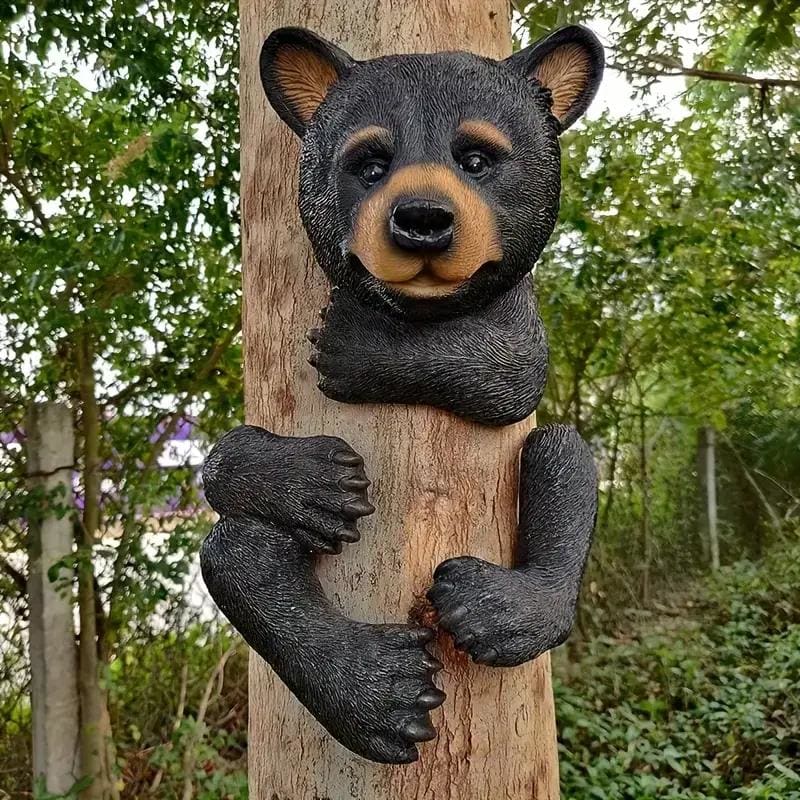 Black Art Deco Bear Tree Hugger Sculpture for Garden