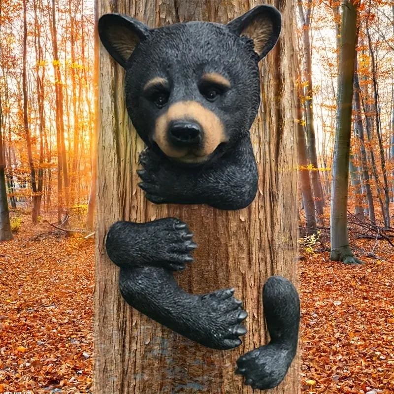 Black Art Deco Bear Tree Hugger Sculpture for Garden