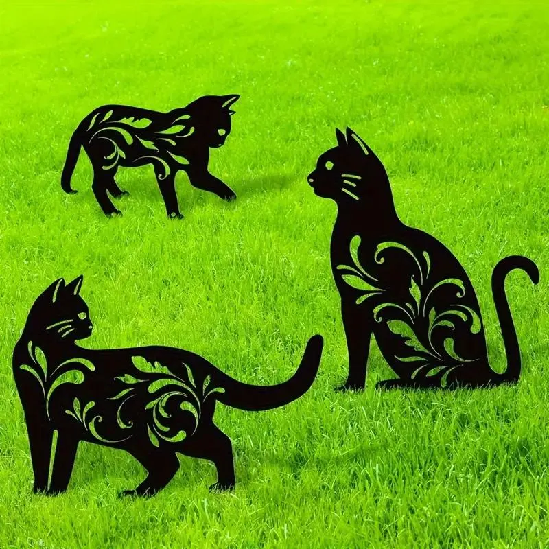 3pcs/1set Metal Outdoor Cat Statues, Decorative Garden Stakes Set with Animal Decor