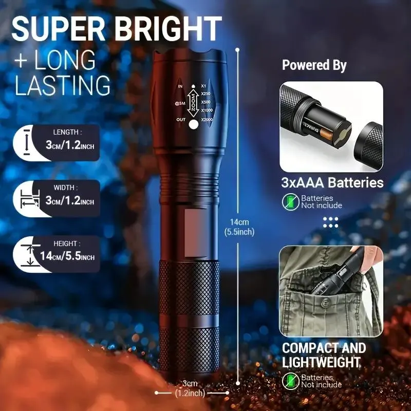 2-Pack Ultra-Bright LED Flashlights - Zoomable, Portable