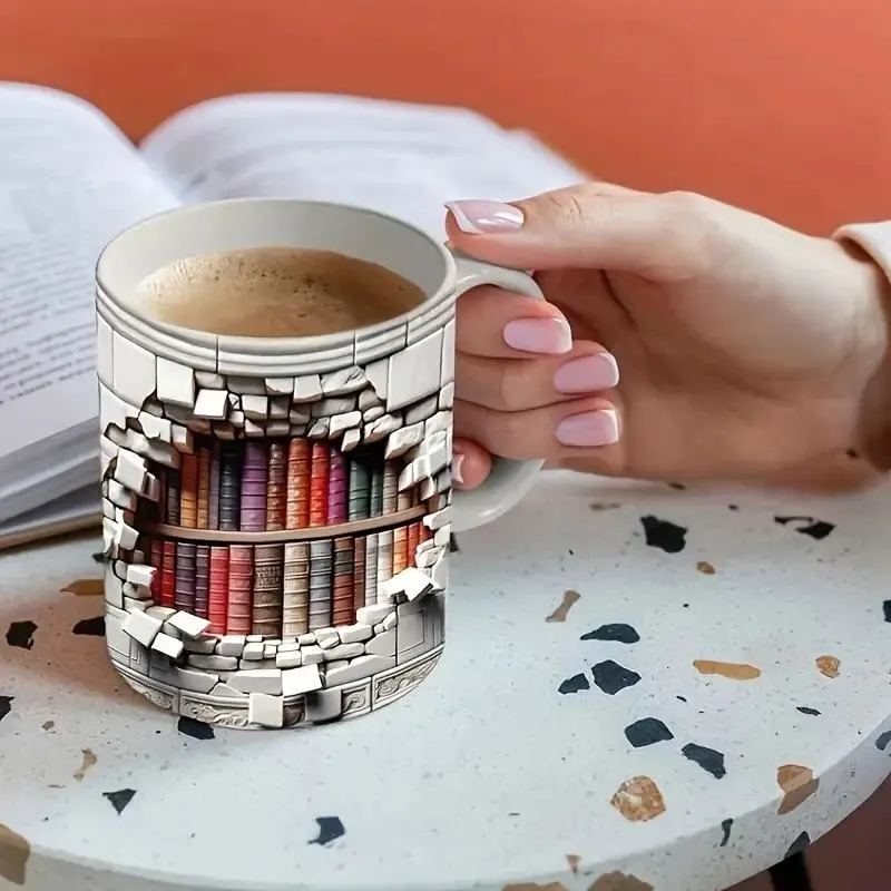 3D Bookshelves Hole In A Wall Mug, Library Bookshelf Mug
