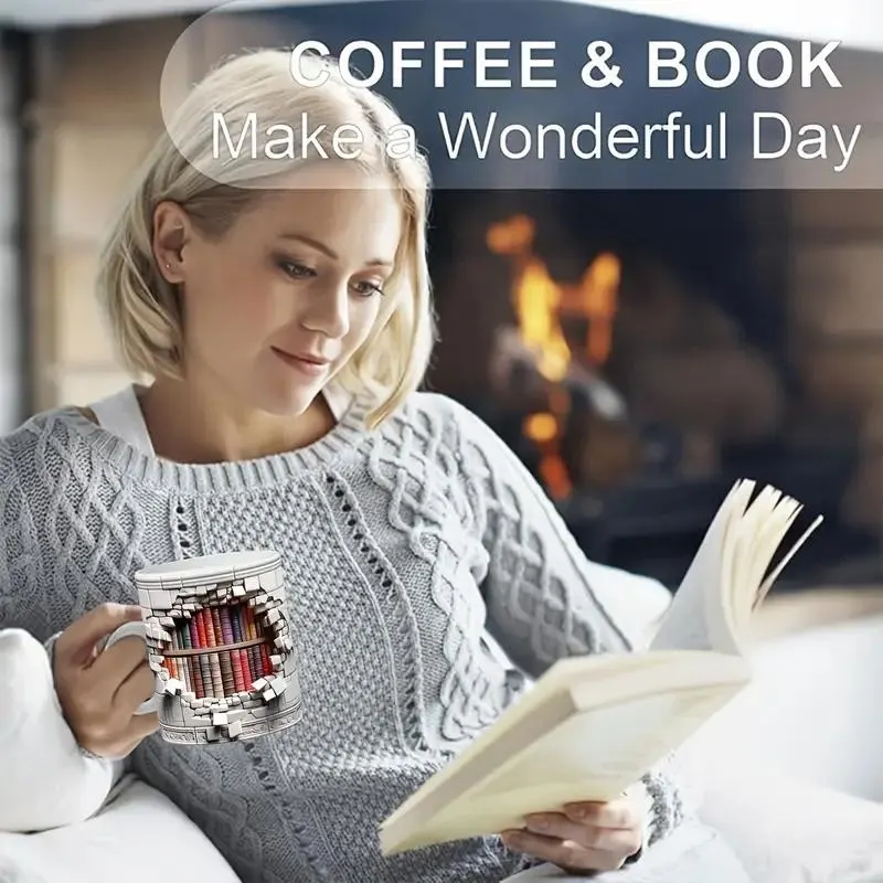 3D Bookshelves Hole In A Wall Mug, Library Bookshelf Mug