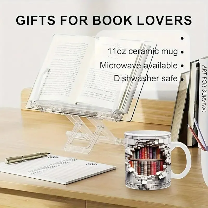 3D Bookshelves Hole In A Wall Mug, Library Bookshelf Mug