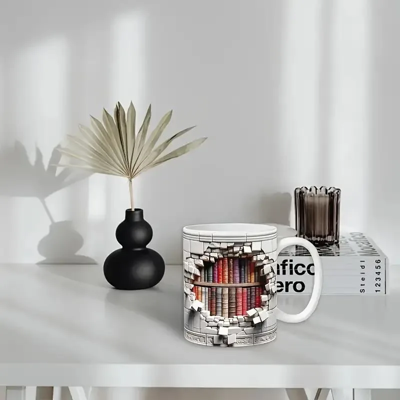 3D Bookshelves Hole In A Wall Mug, Library Bookshelf Mug