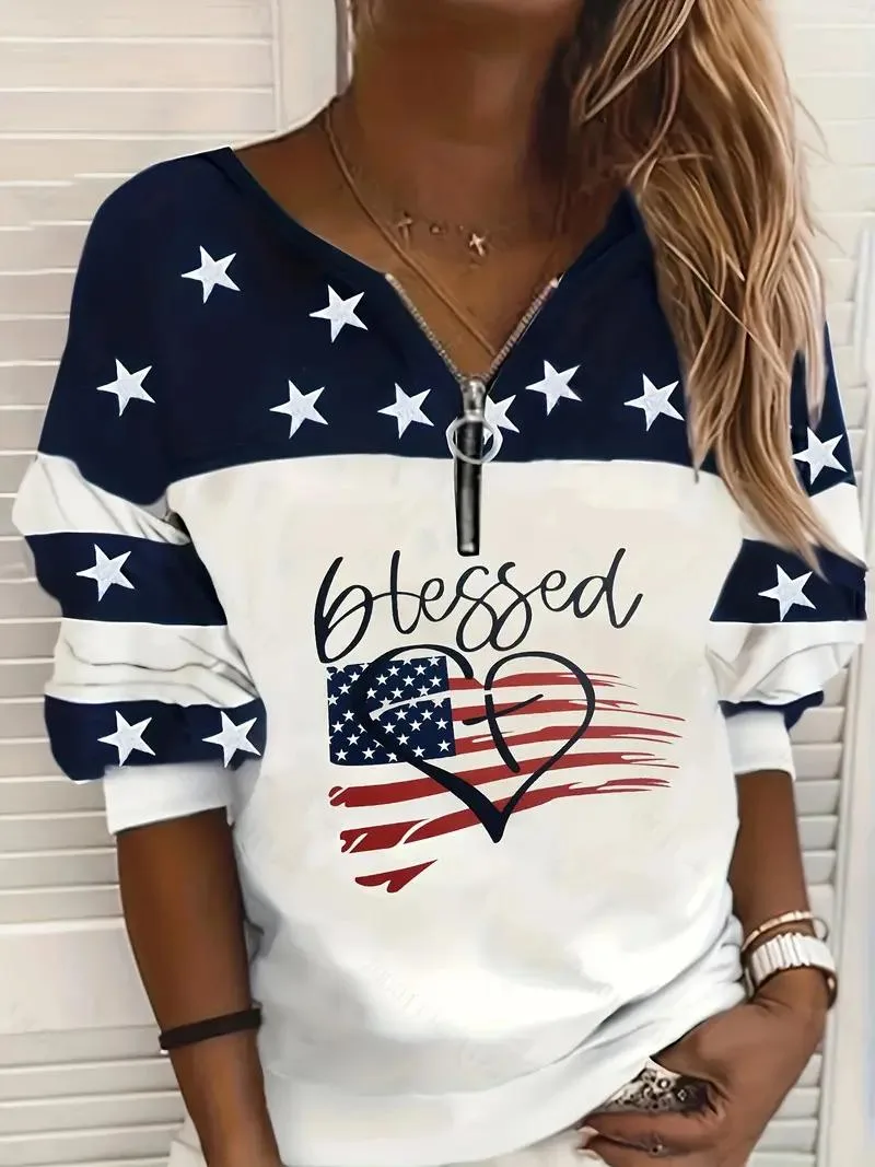 American Flag Print Quarter Zip Sweatshirt