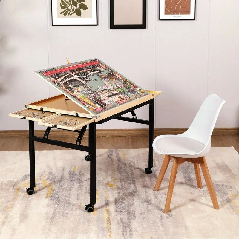Rolling Puzzle Table with Drawers - 1500 Piece Jigsaw Puzzle Board with Cover 35”x27”