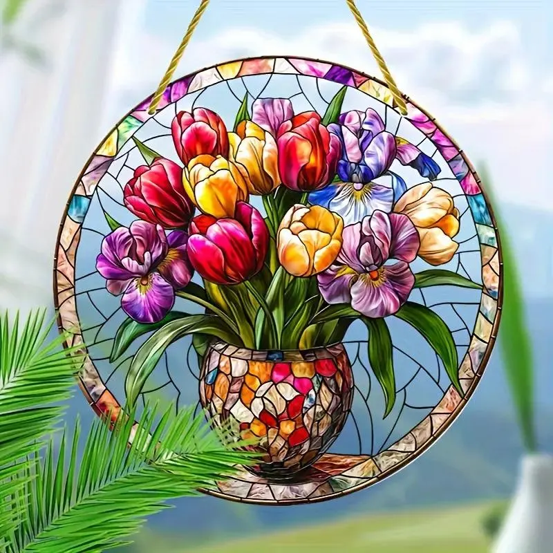 8x8 inches Stained Glass Tulip and Iris Suncatcher