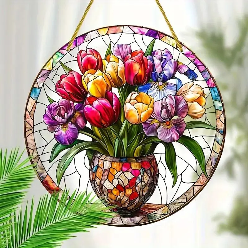 8x8 inches Stained Glass Tulip and Iris Suncatcher