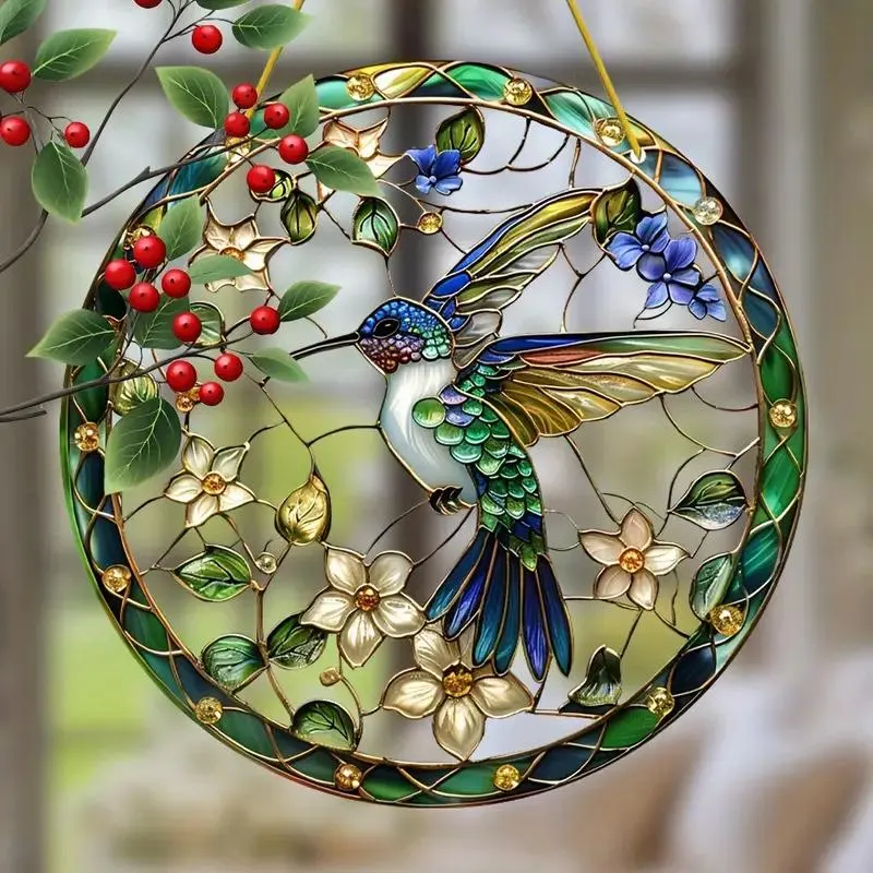8" Stained Glass Hummingbird & Floral Suncatcher