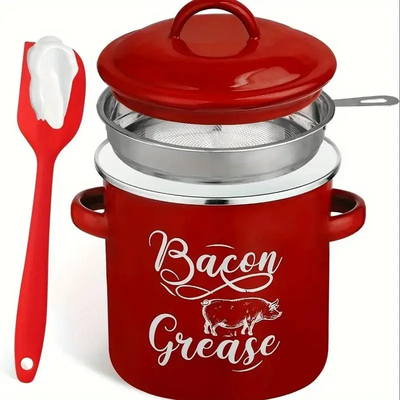 Bacon Grease Container with Lid and Silicone Spatula - 46 oz