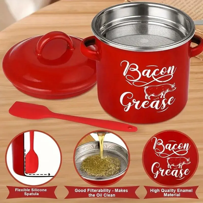 Bacon Grease Container with Lid and Silicone Spatula - 46 oz