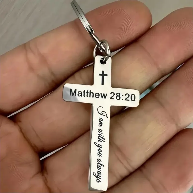 Stainless Steel Cross Keychain with Scripture