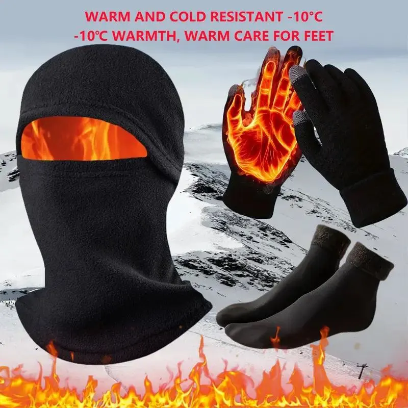 3pcs Winter Essentials Set: Touchscreen-Friendly Gloves, Thick Fleece-Lined Socks & Windproof Balaclava with Ear Protection