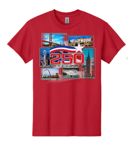 America 250 Years  - Cities - Red Short Sleeve T-shirt (TD24) Nostalgic & Retro