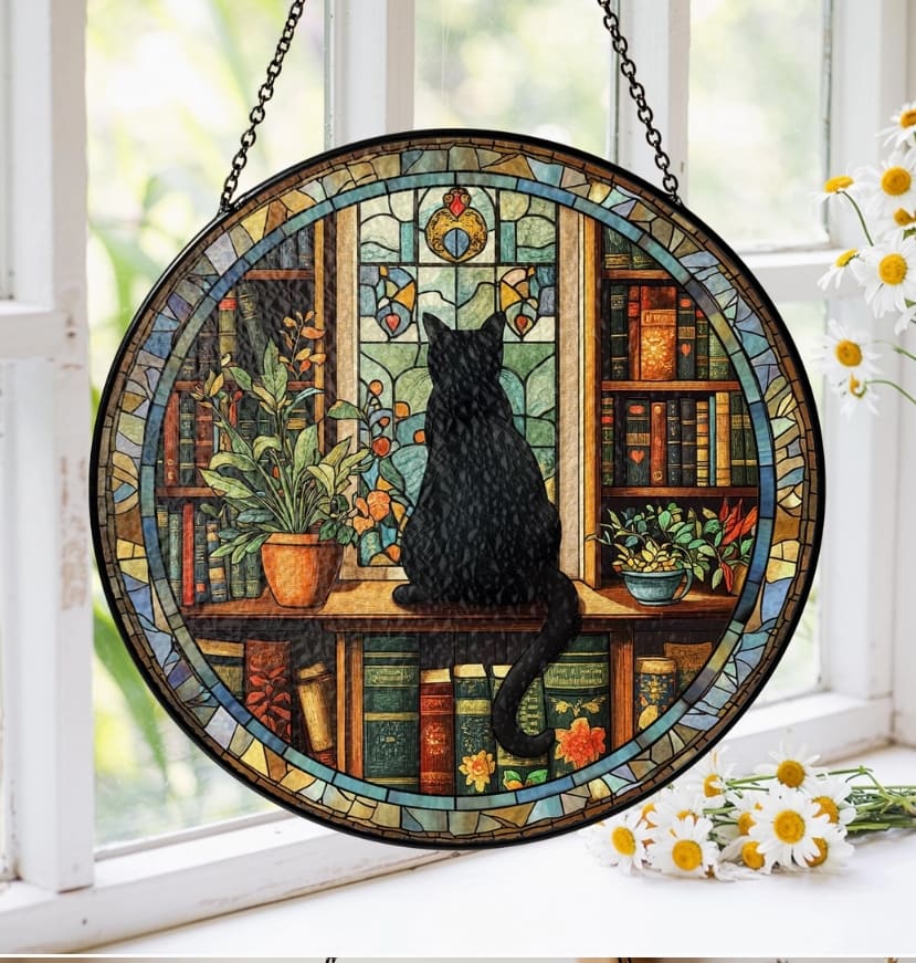 Black Cat in the Library Stained Glass Suncatcher - 3.75"