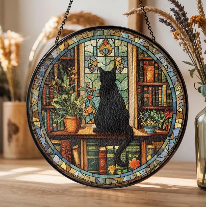 Black Cat in the Library Stained Glass Suncatcher - 3.75"