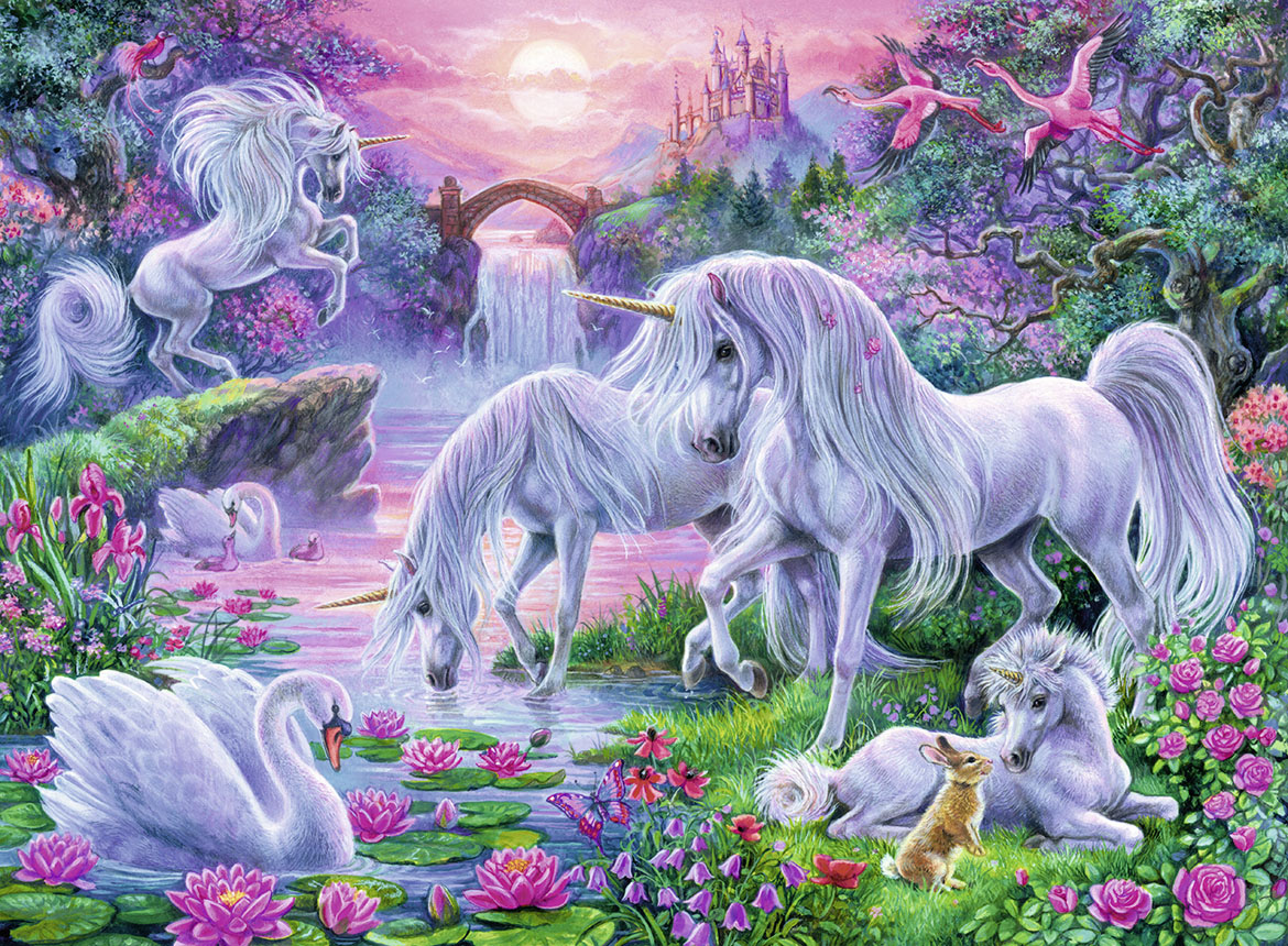 Unicorns in the Sunset Glow Castle Jigsaw Puzzle
