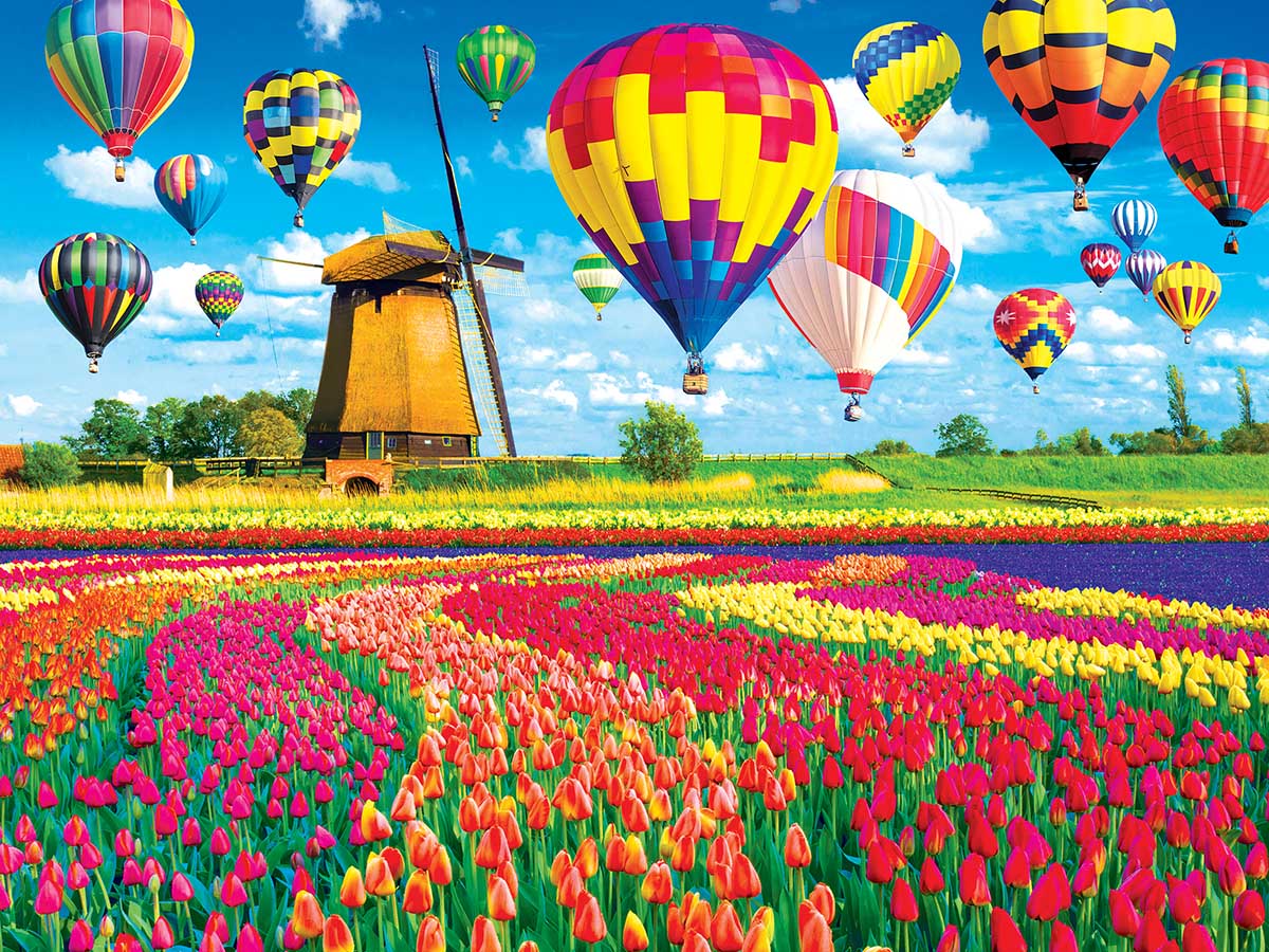 Balloons Over a Tulip Field and Windmill Hot Air Balloon Jigsaw Puzzle