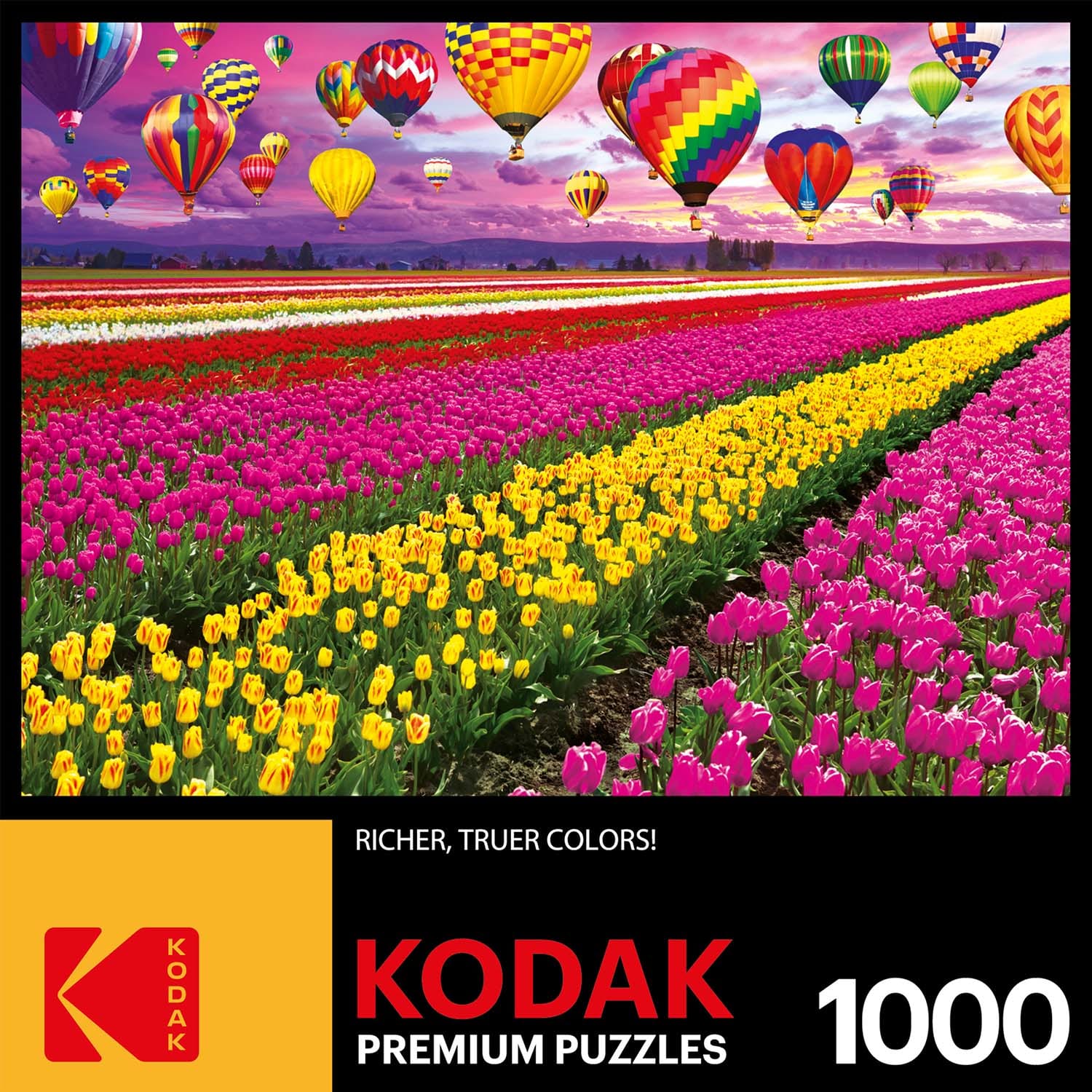 Sunset Balloons Over Tulip Field