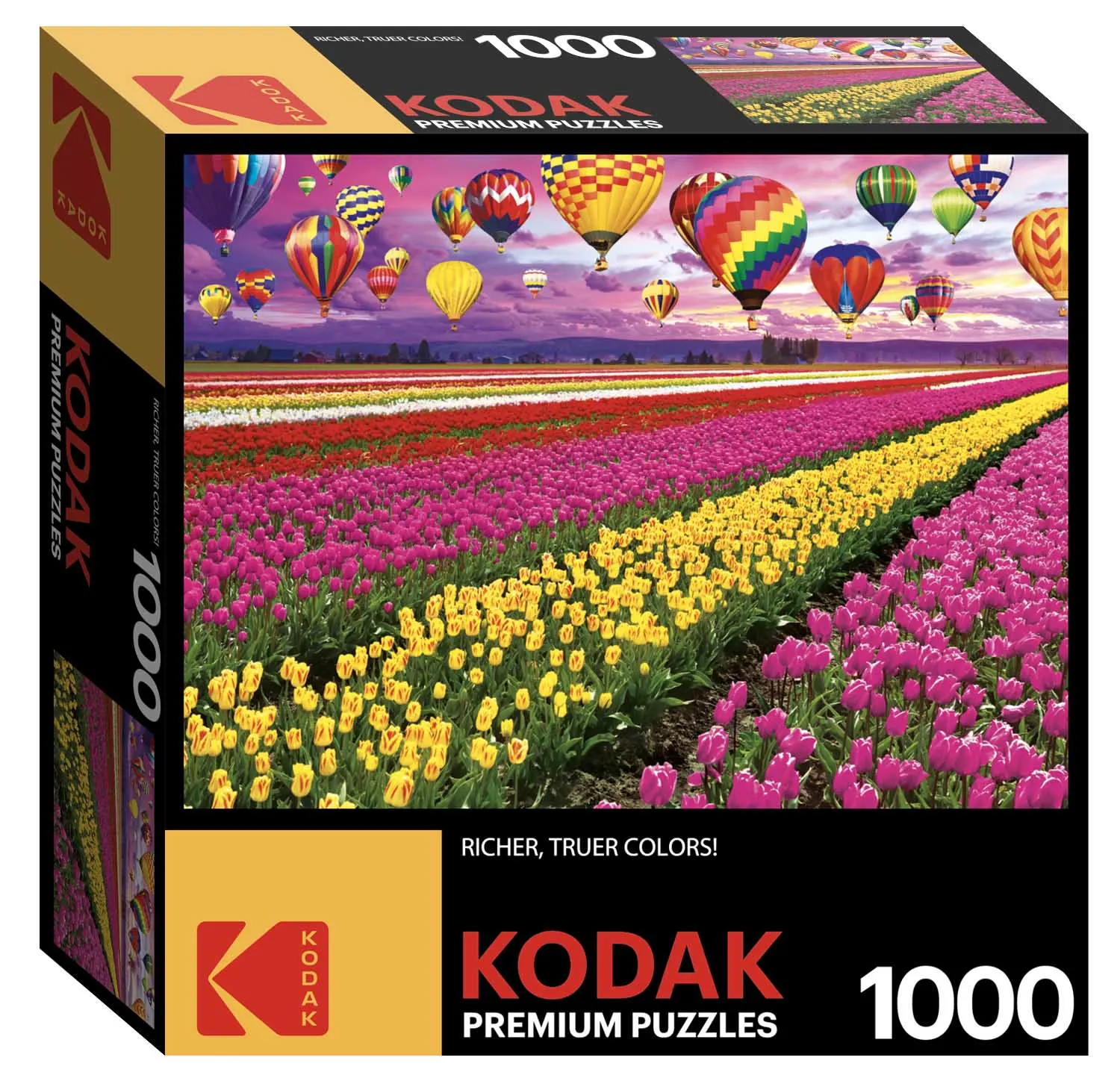 Sunset Balloons Over Tulip Field