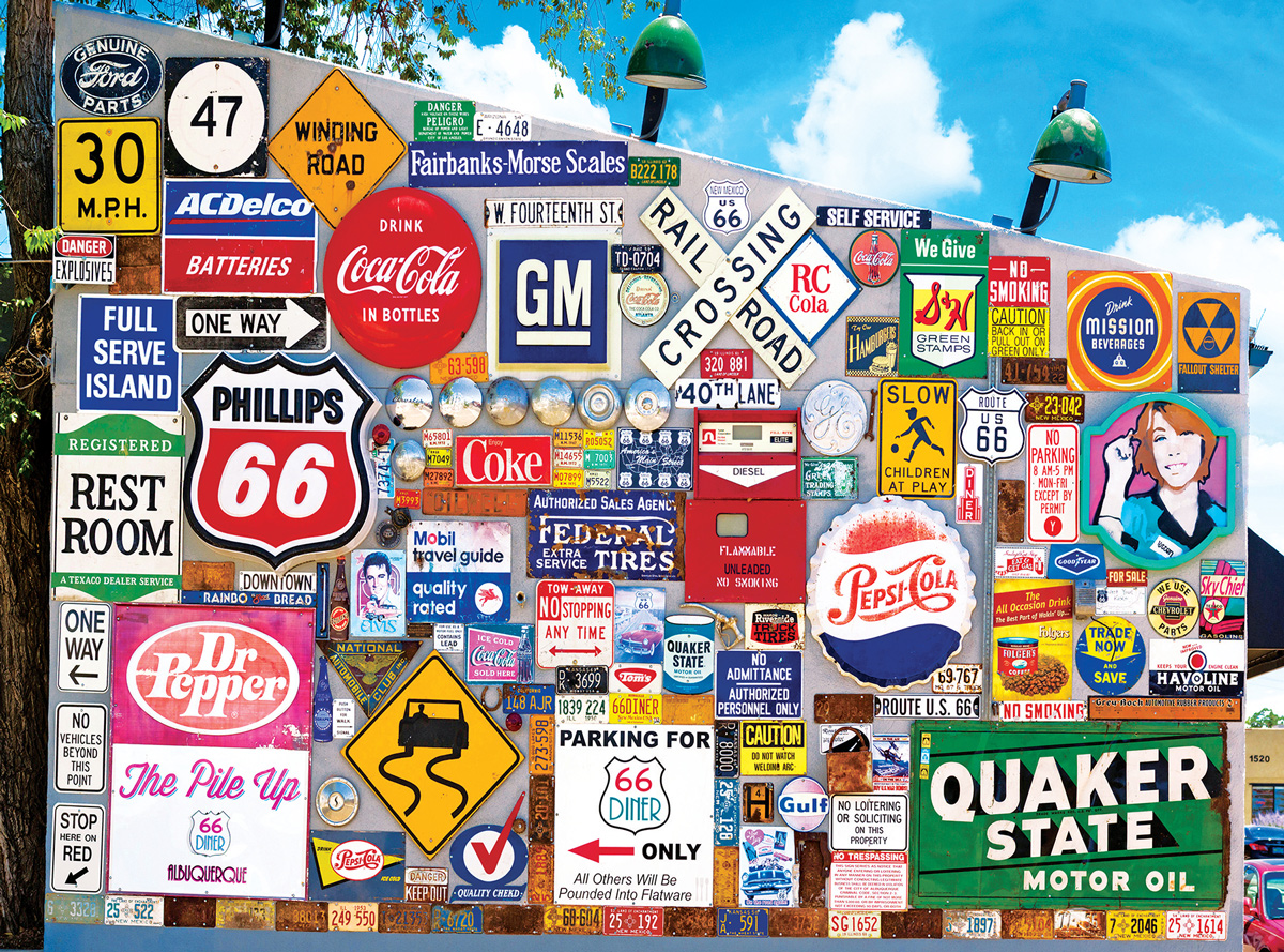 Old Ad Signs, Road Signs and License Plates Collage Jigsaw Puzzle