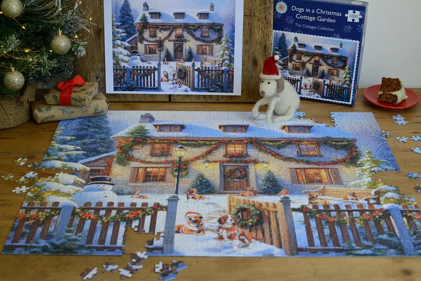 Dogs in a Christmas Cottage Garden