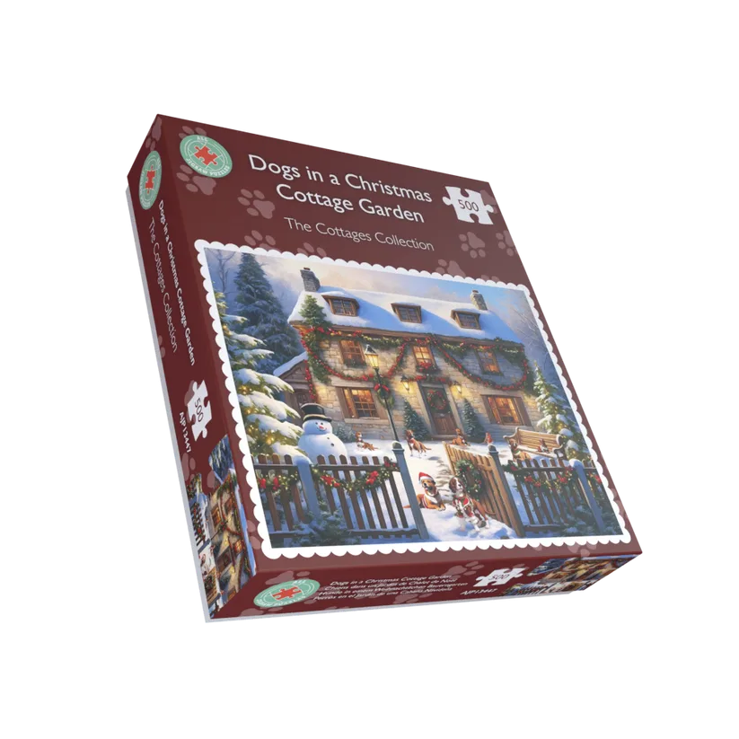 Dogs in a Christmas Cottage Garden