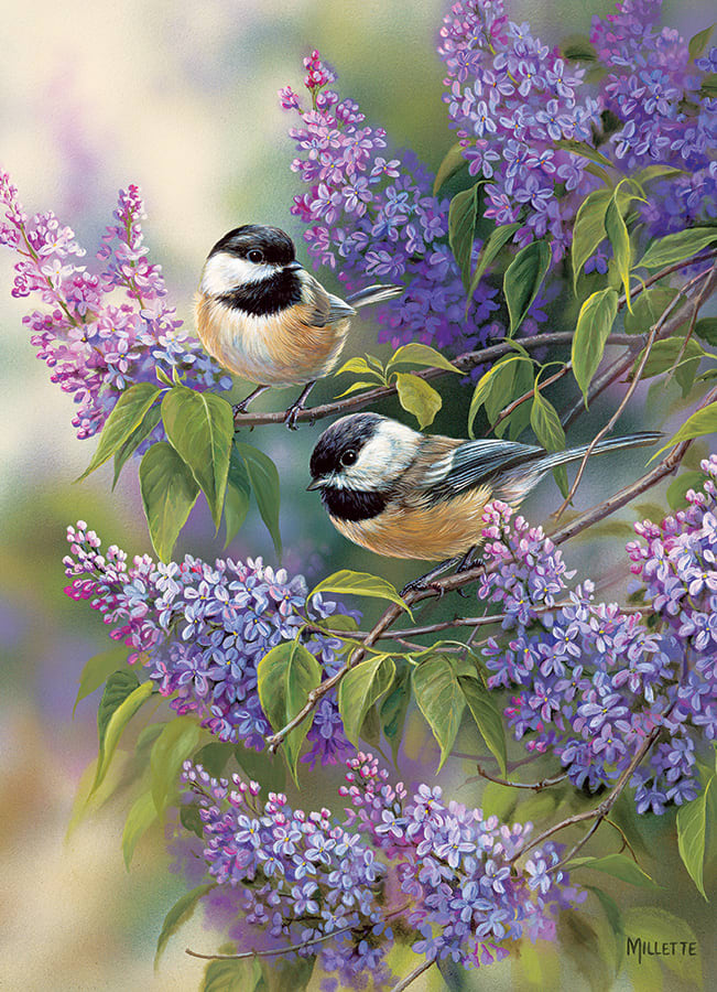 Chickadees and Lilacs Birds
