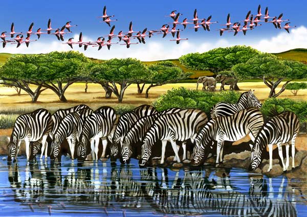 Zebras and Flamingos Birds Jigsaw Puzzle