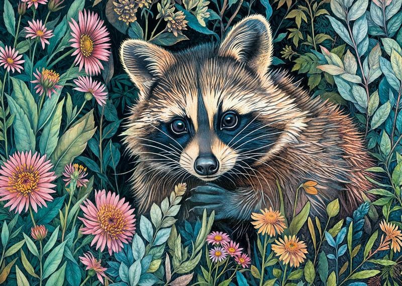 Raccoon in Flowers