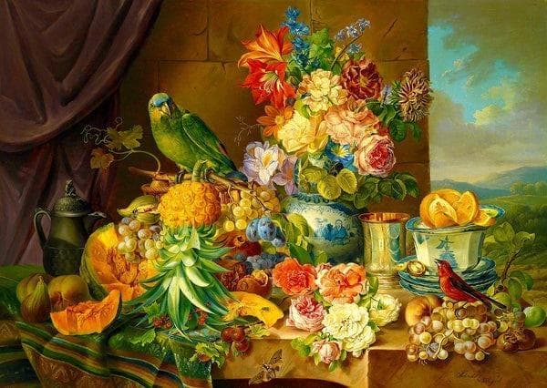 Schuster: Still Life with Fruit Flowers and Parrot Birds