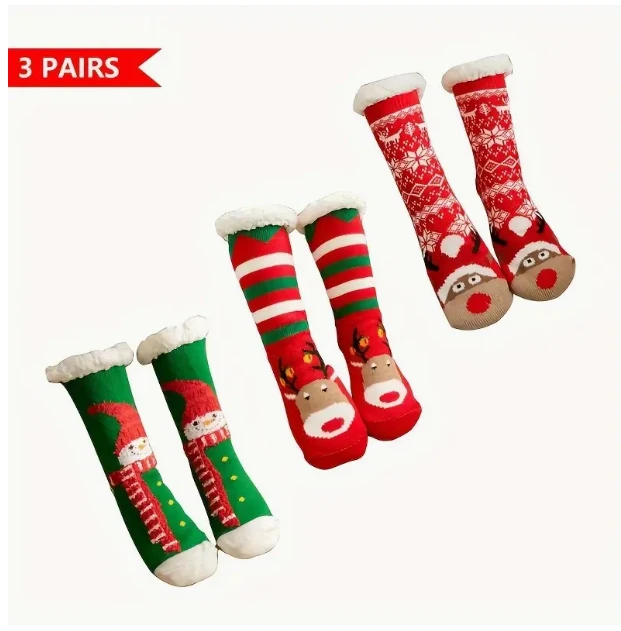 3 Pairs Plush Christmas Socks - Snowman and Reindeer